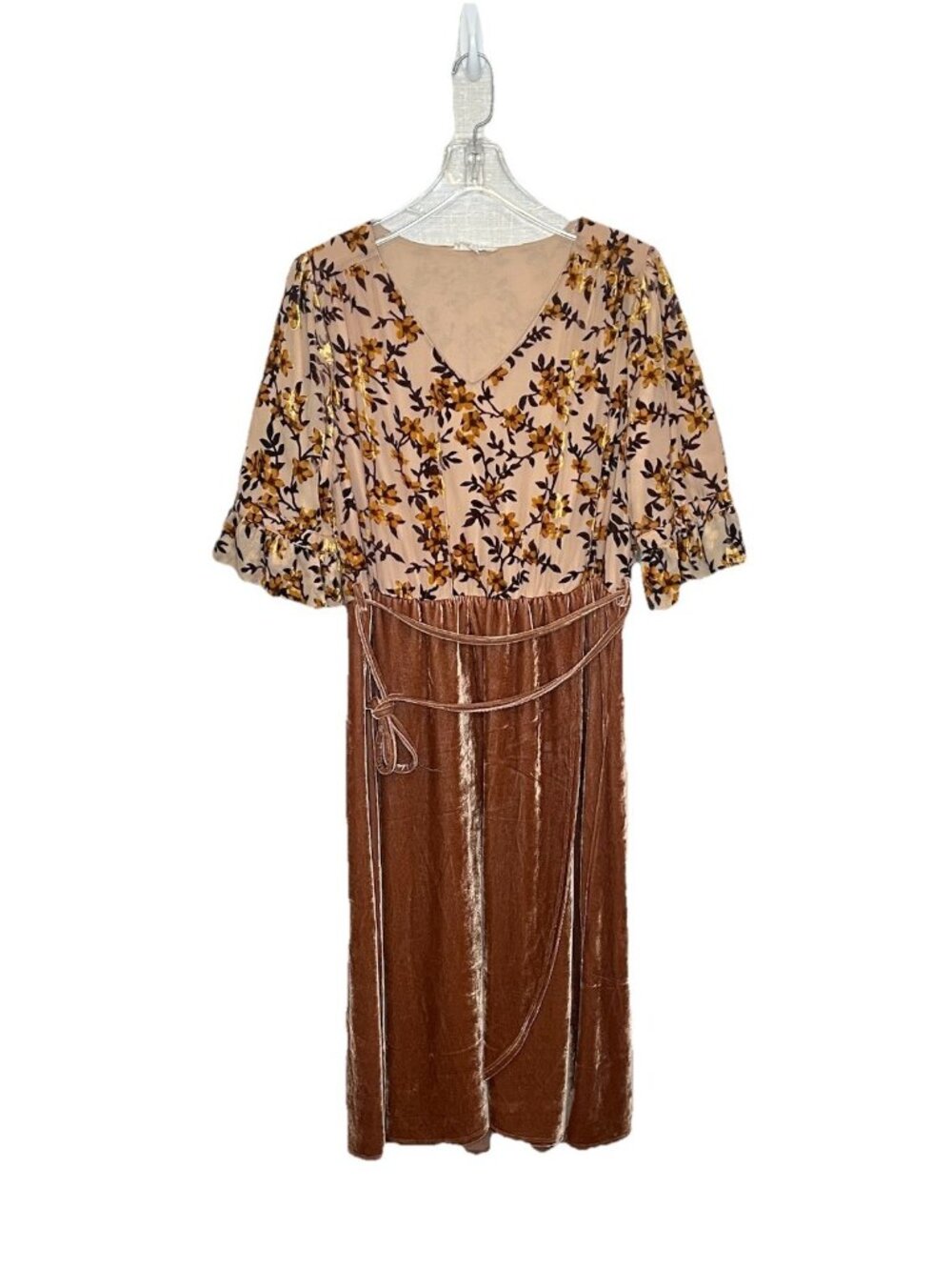 Roolee XL Floral Velvet Midi Dress Boho Cottagecore V Neck Puff Sleeve Brown
